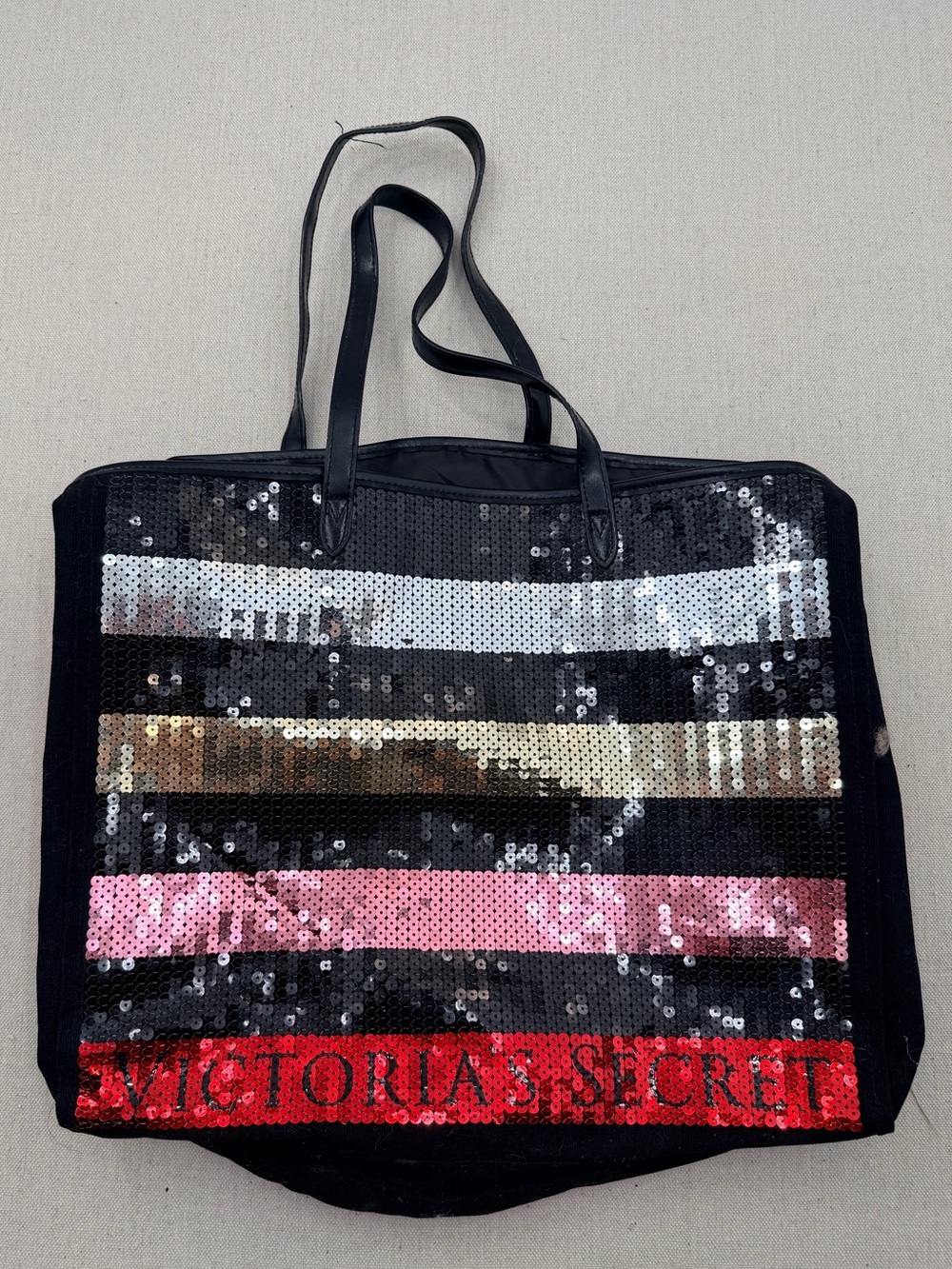 Victoria's Secret Black Sequin Stripe Tote with Pink, Gold, Silver & Red Accents